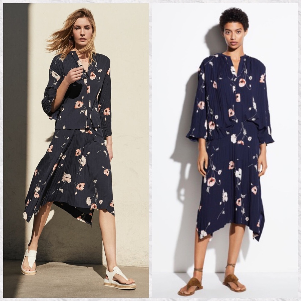 Vince Floral Pleated 3/4 Sleeve Blouse & Midi Skirt Set